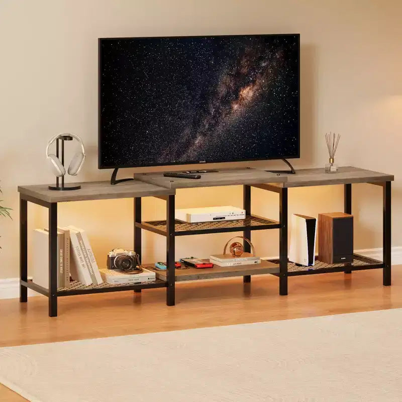 Meuble TV avec lumières LED pour téléviseurs jusqu'à 75 pouces, meuble TV de 170 cm avec prises électriques, table console pour salon