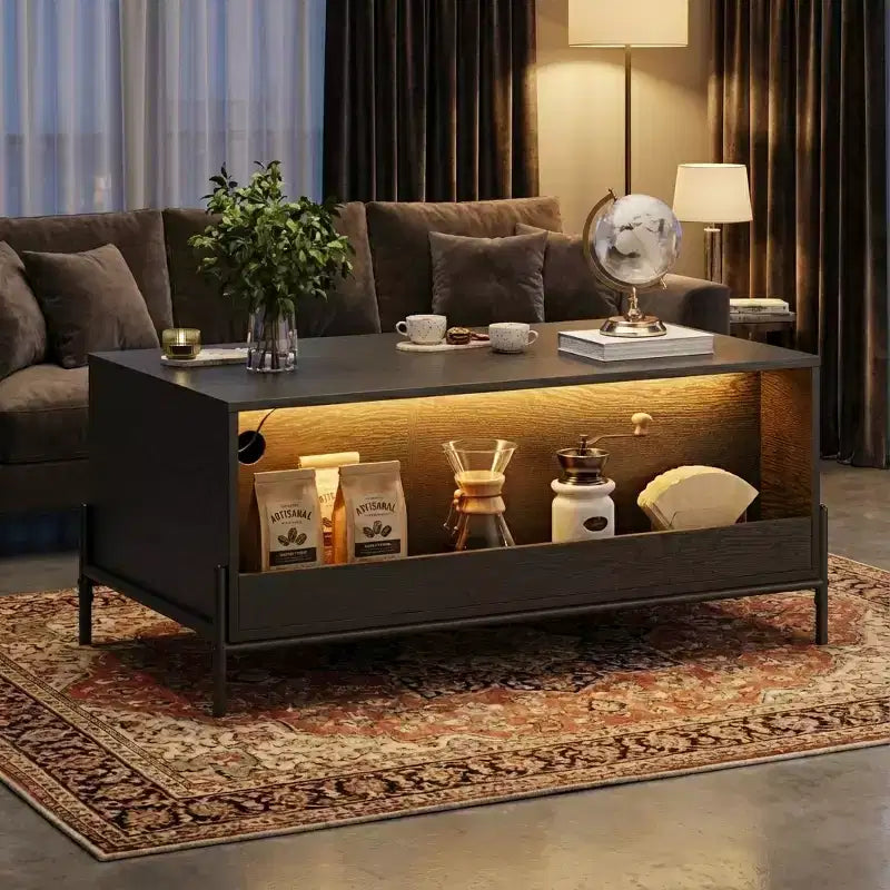 Table Basse en Rotin avec Lumières LED, Table Centrale de Salon Rectangulaire avec Tiroirs et Porte Cintrée, Table de Thé pour Appartement