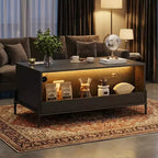 Table Basse en Rotin avec Lumières LED, Table Centrale de Salon Rectangulaire avec Tiroirs et Porte Cintrée, Table de Thé pour Appartement