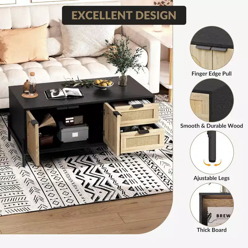 Table Basse en Rotin avec Lumières LED, Table Centrale de Salon Rectangulaire avec Tiroirs et Porte Cintrée, Table de Thé pour Appartement