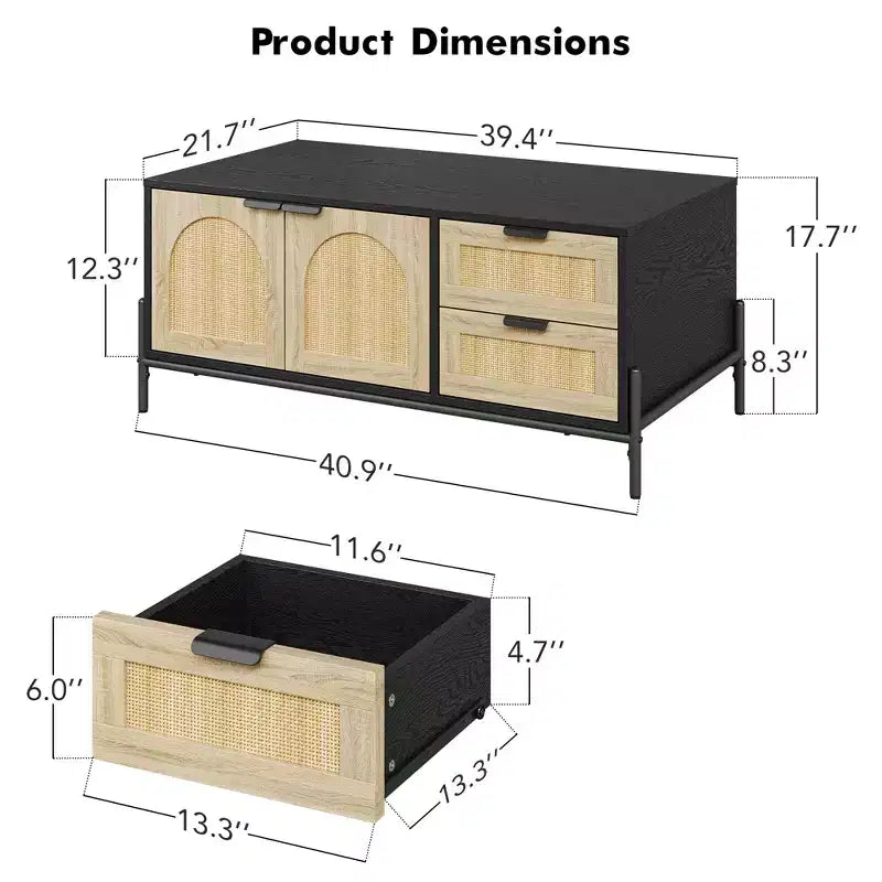 Table Basse en Rotin avec Lumières LED, Table Centrale de Salon Rectangulaire avec Tiroirs et Porte Cintrée, Table de Thé pour Appartement
