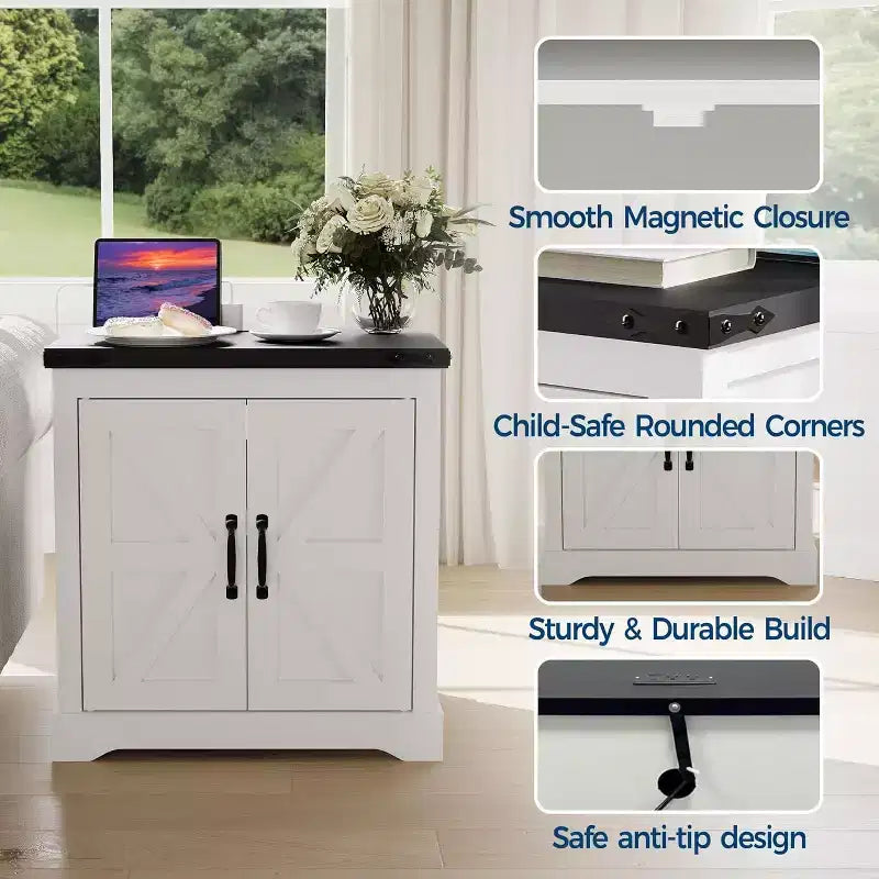 Grand buffet de ferme blanc et porte coulissante de style grange, table d'appoint rustique ou table de chevet pour le salon ou la chambre à coucher