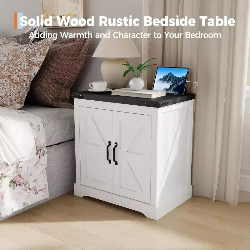 Grand buffet de ferme blanc et porte coulissante de style grange, table d'appoint rustique ou table de chevet pour le salon ou la chambre à coucher