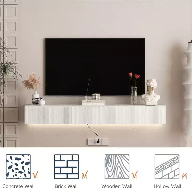 JVNOXK Meuble TV flottant mural avec 16 couleurs de LED, Meuble TV moderne de 69 pouces, Meuble TV flottant, Centre de divertissement pour TV 55 60 65 pouces