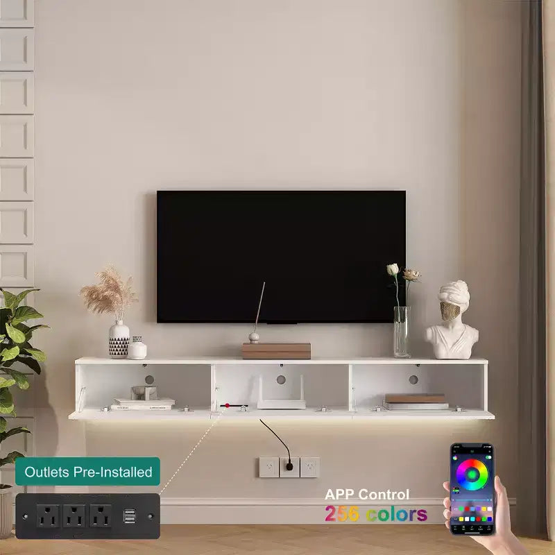 JVNOXK Meuble TV flottant mural avec 16 couleurs de LED, Meuble TV moderne de 69 pouces, Meuble TV flottant, Centre de divertissement pour TV 55 60 65 pouces