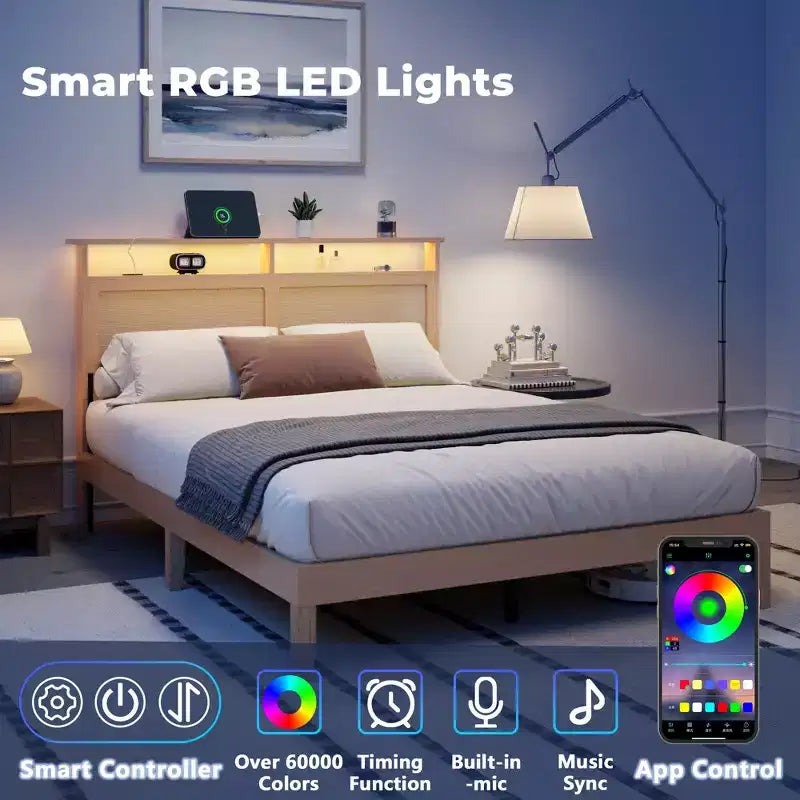 Cadre de lit Queen Boho en rotin Bois naturel avec lumières LED Station de charge Tête de lit avec rangement Lit plateforme Pas de sommier Lit moderne de chambre à coucher