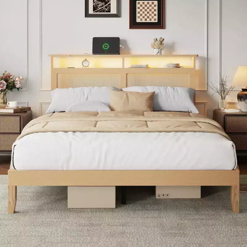 Cadre de lit Queen Boho en rotin Bois naturel avec lumières LED Station de charge Tête de lit avec rangement Lit plateforme Pas de sommier Lit moderne de chambre à coucher