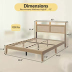 Cadre de lit Queen Boho en rotin Bois naturel avec lumières LED Station de charge Tête de lit avec rangement Lit plateforme Pas de sommier Lit moderne de chambre à coucher