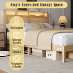 Cadre de lit Queen Boho en rotin Bois naturel avec lumières LED Station de charge Tête de lit avec rangement Lit plateforme Pas de sommier Lit moderne de chambre à coucher