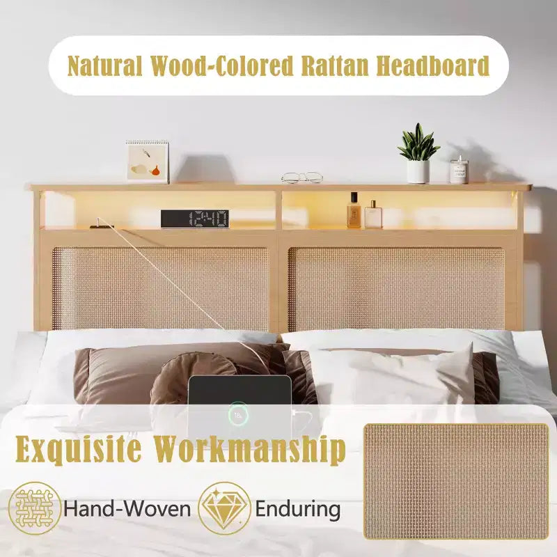Cadre de lit Queen Boho en rotin Bois naturel avec lumières LED Station de charge Tête de lit avec rangement Lit plateforme Pas de sommier Lit moderne de chambre à coucher