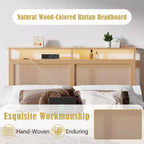 Cadre de lit Queen Boho en rotin Bois naturel avec lumières LED Station de charge Tête de lit avec rangement Lit plateforme Pas de sommier Lit moderne de chambre à coucher