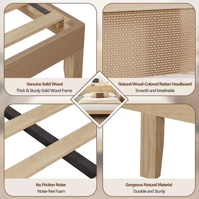 Cadre de lit Queen Boho en rotin Bois naturel avec lumières LED Station de charge Tête de lit avec rangement Lit plateforme Pas de sommier Lit moderne de chambre à coucher
