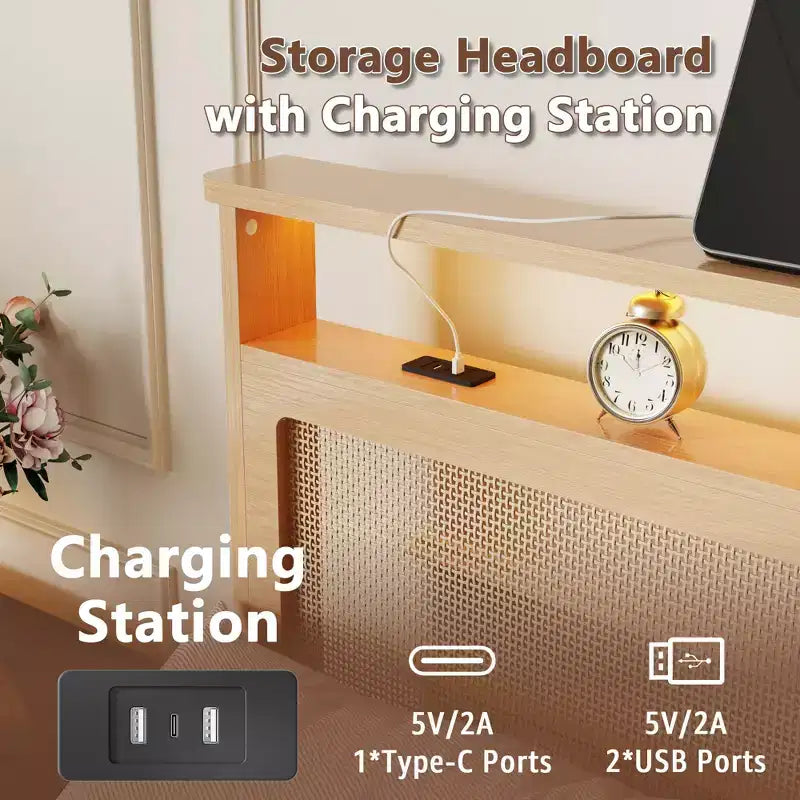 Cadre de lit Queen Boho en rotin Bois naturel avec lumières LED Station de charge Tête de lit avec rangement Lit plateforme Pas de sommier Lit moderne de chambre à coucher