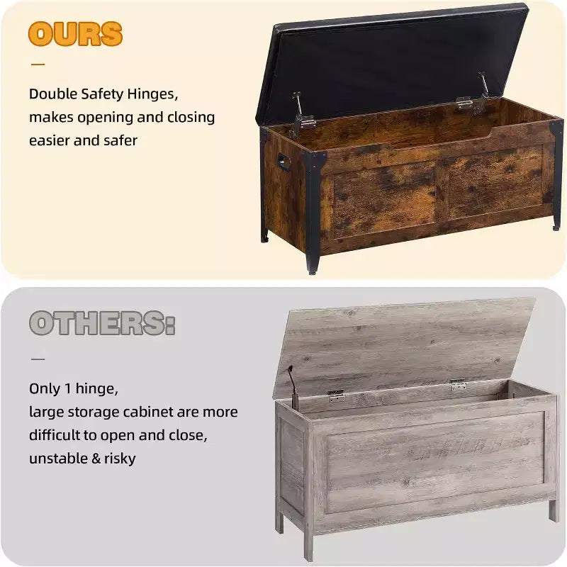 Coffre de rangement en bois avec couvercle, banc de rangement avec charnière de sécurité et couvercle relevable pour entrée, chambre, salon