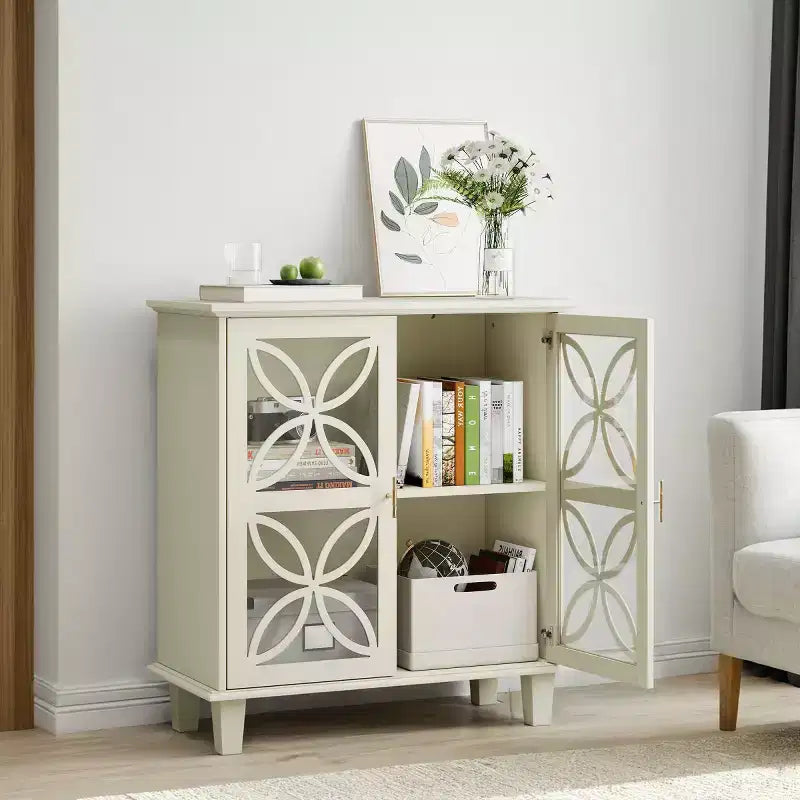 Buffet crème 32 pouces avec portes vitrées, enfilade moderne rétro avec motif floral géométrique et pieds en bois massif - Panipeachy