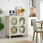 Buffet crème 32 pouces avec portes vitrées, enfilade moderne rétro avec motif floral géométrique et pieds en bois massif - Panipeachy