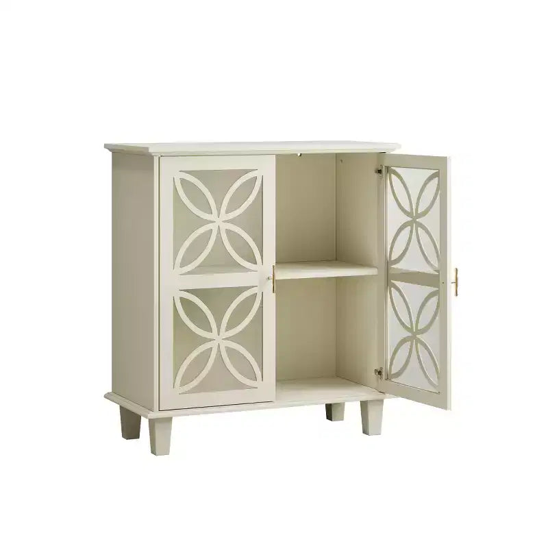 Buffet crème 32 pouces avec portes vitrées, enfilade moderne rétro avec motif floral géométrique et pieds en bois massif - Panipeachy