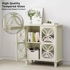 Buffet crème 32 pouces avec portes vitrées, enfilade moderne rétro avec motif floral géométrique et pieds en bois massif - Panipeachy