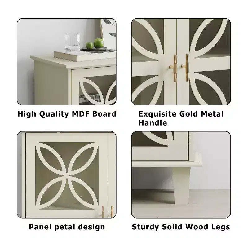 Buffet crème 32 pouces avec portes vitrées, enfilade moderne rétro avec motif floral géométrique et pieds en bois massif - Panipeachy