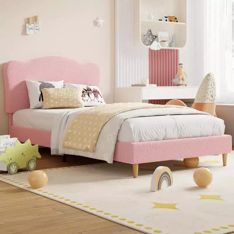 Upholstered Twin Bed Frame with Headboard, 77x39.4 in Toddler Bed for Kids Girls, Soft Padded Platform Bedframe, Sturdy Wooden Slats Support, Pink