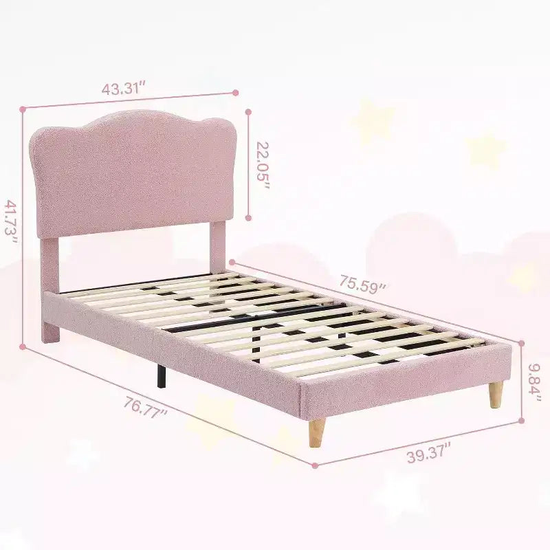 Cadre de lit double rembourré avec tête de lit, lit pour enfants de 77x39,4 pouces, cadre de lit plateforme rembourré doux, support de lattes en bois robuste, rose