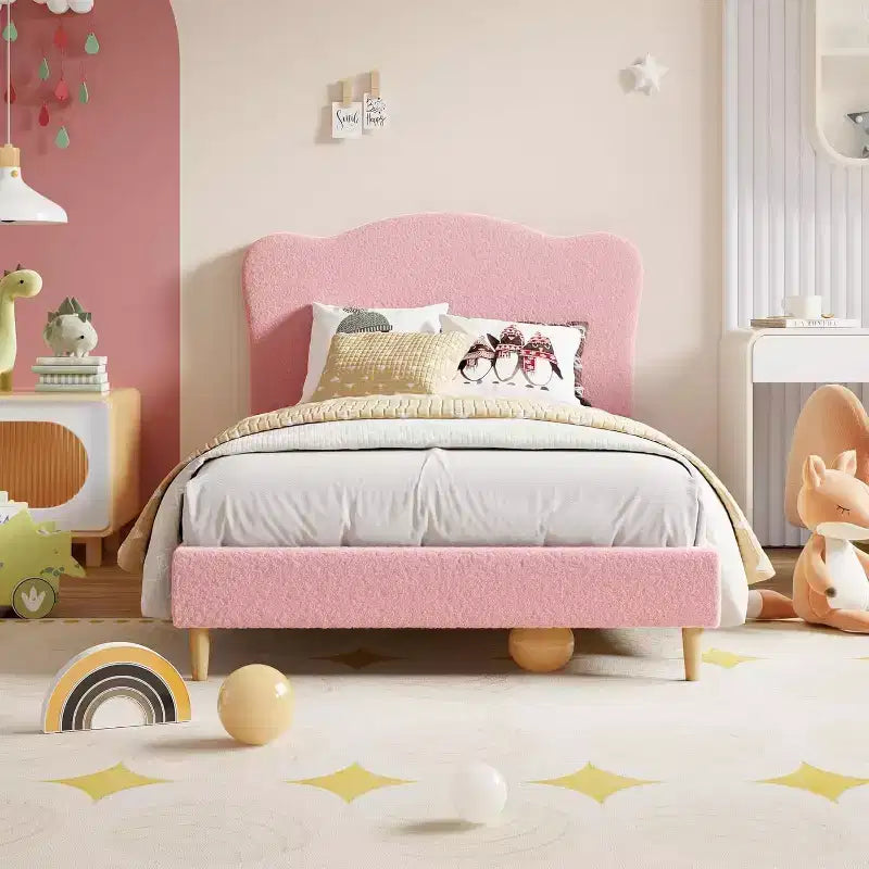 Cadre de lit double rembourré avec tête de lit, lit pour enfants de 77x39,4 pouces, cadre de lit plateforme rembourré doux, support de lattes en bois robuste, rose