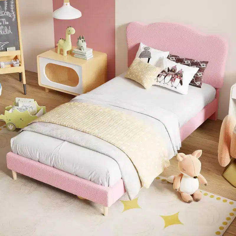 Cadre de lit double rembourré avec tête de lit, lit pour enfants de 77x39,4 pouces, cadre de lit plateforme rembourré doux, support de lattes en bois robuste, rose