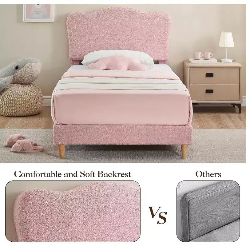 Cadre de lit double rembourré avec tête de lit, lit pour enfants de 77x39,4 pouces, cadre de lit plateforme rembourré doux, support de lattes en bois robuste, rose