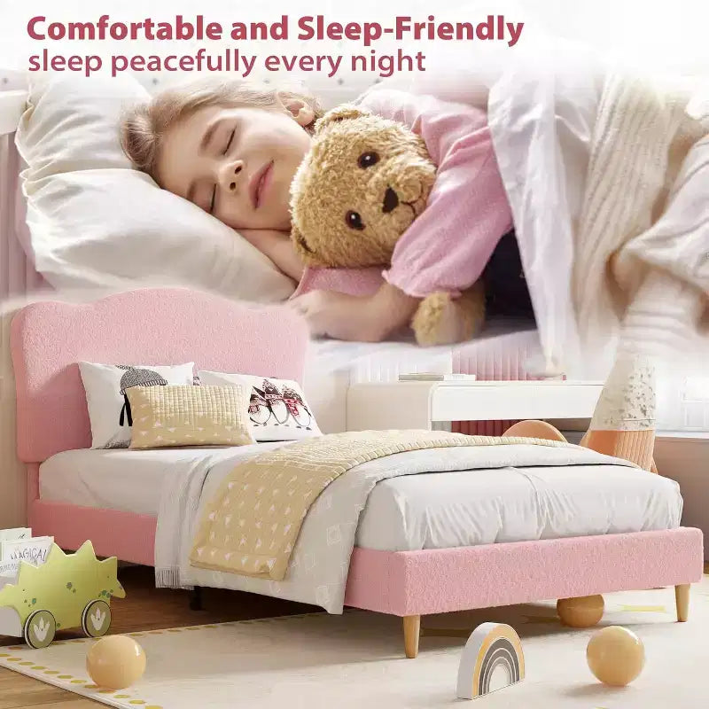 Cadre de lit double rembourré avec tête de lit, lit pour enfants de 77x39,4 pouces, cadre de lit plateforme rembourré doux, support de lattes en bois robuste, rose