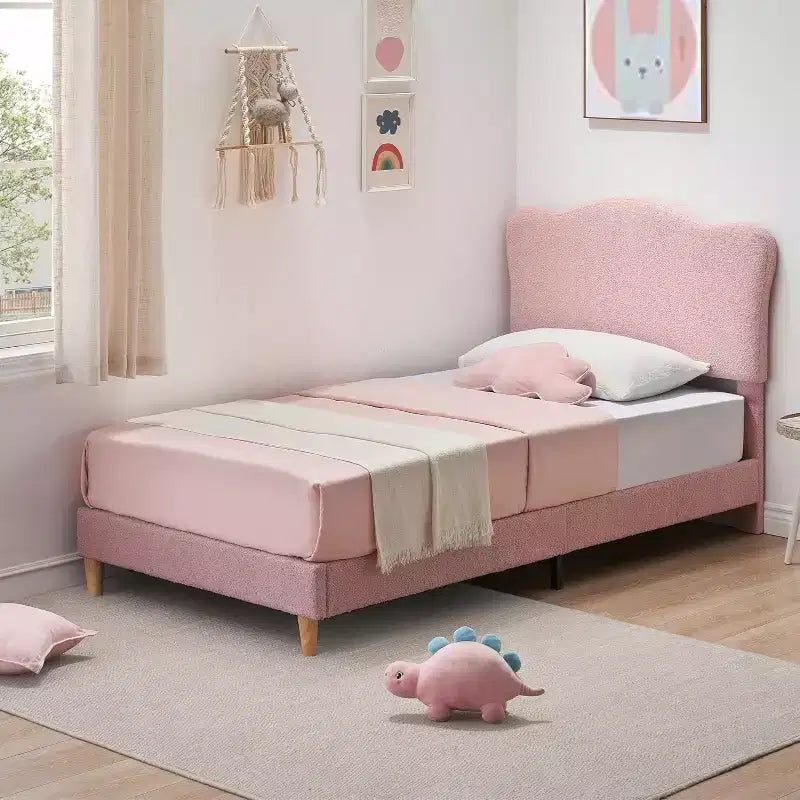 Cadre de lit double rembourré avec tête de lit, lit pour enfants de 77x39,4 pouces, cadre de lit plateforme rembourré doux, support de lattes en bois robuste, rose