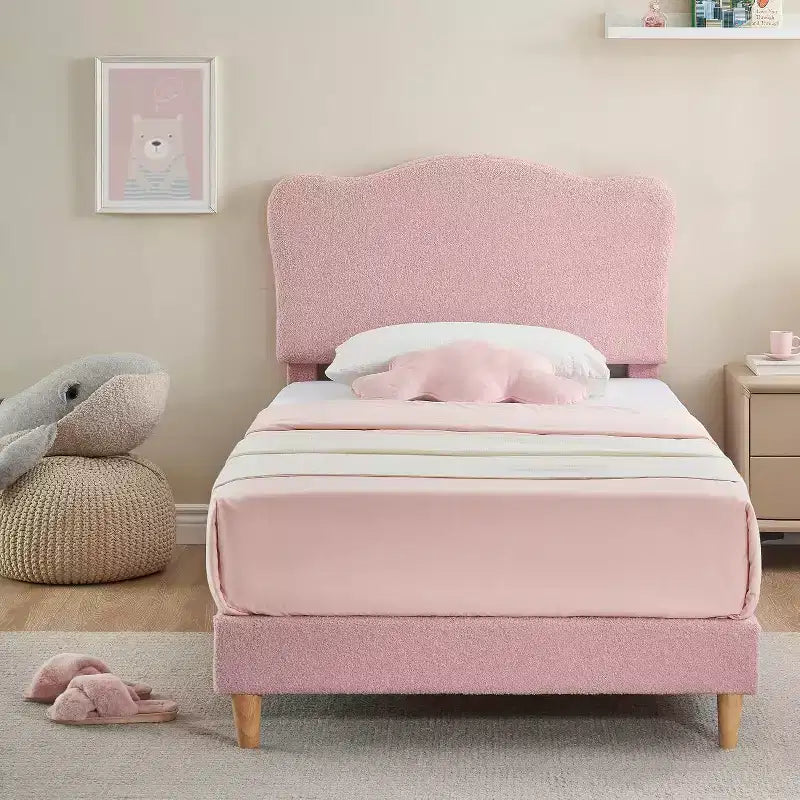 Cadre de lit double rembourré avec tête de lit, lit pour enfants de 77x39,4 pouces, cadre de lit plateforme rembourré doux, support de lattes en bois robuste, rose