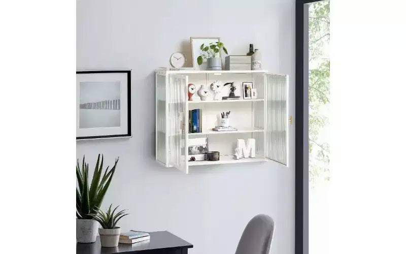 TUYOHW Armoire buffet moderne et concise à 3 niveaux, armoire de rangement en fer et verre trempé avec 2 portes, armoire murale, armoire de garde-manger pour l'organisation de la maison