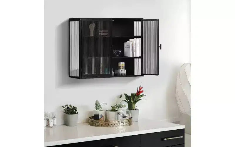 TUYOHW Armoire buffet moderne et concise à 3 niveaux, armoire de rangement en fer et verre trempé avec 2 portes, armoire murale, armoire de garde-manger pour l'organisation de la maison