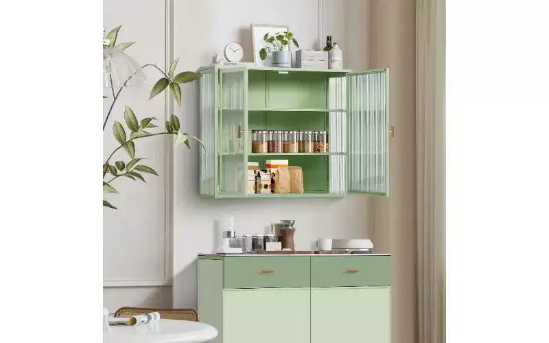 TUYOHW Armoire buffet moderne et concise à 3 niveaux, armoire de rangement en fer et verre trempé avec 2 portes, armoire murale, armoire de garde-manger pour l'organisation de la maison