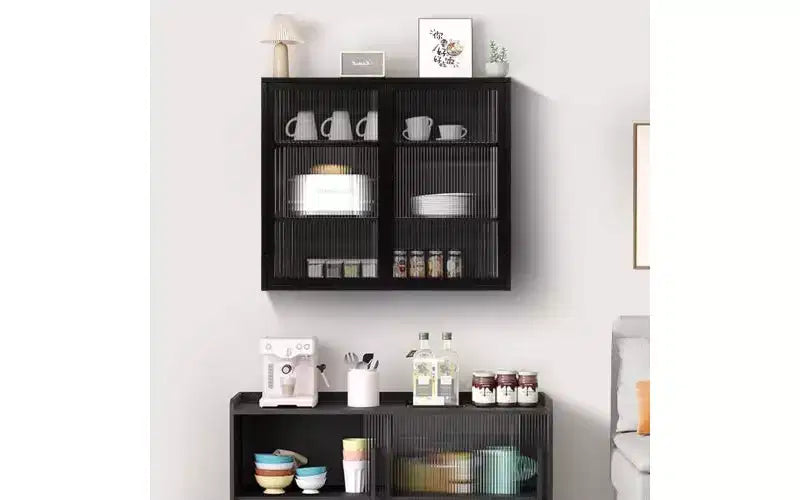 TUYOHW Armoire buffet moderne et concise à 3 niveaux, armoire de rangement en fer et verre trempé avec 2 portes, armoire murale, armoire de garde-manger pour l'organisation de la maison