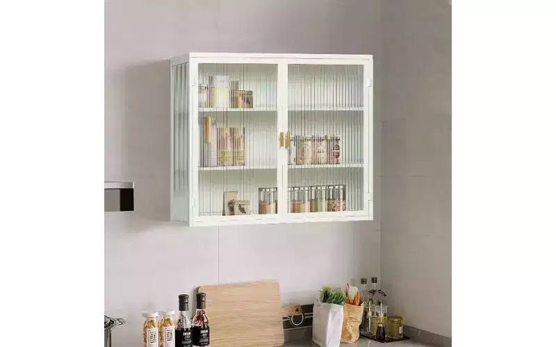 TUYOHW Armoire buffet moderne et concise à 3 niveaux, armoire de rangement en fer et verre trempé avec 2 portes, armoire murale, armoire de garde-manger pour l'organisation de la maison