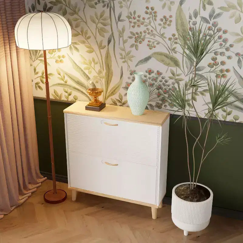 Meuble à chaussures étroit pour entrée, range-chaussures compact sur pied avec 2 tiroirs basculants et pieds en bois naturel, peut contenir 8 à 16 paires de chaussures, pour entrée