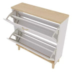 Meuble à chaussures étroit pour entrée, range-chaussures compact sur pied avec 2 tiroirs basculants et pieds en bois naturel, peut contenir 8 à 16 paires de chaussures, pour entrée