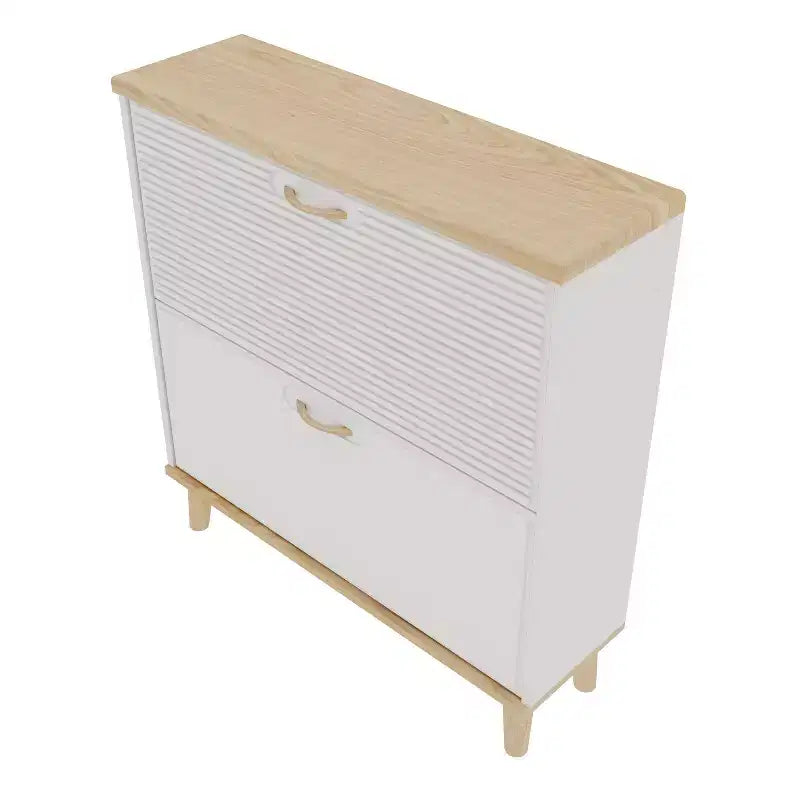 Meuble à chaussures étroit pour entrée, range-chaussures compact sur pied avec 2 tiroirs basculants et pieds en bois naturel, peut contenir 8 à 16 paires de chaussures, pour entrée