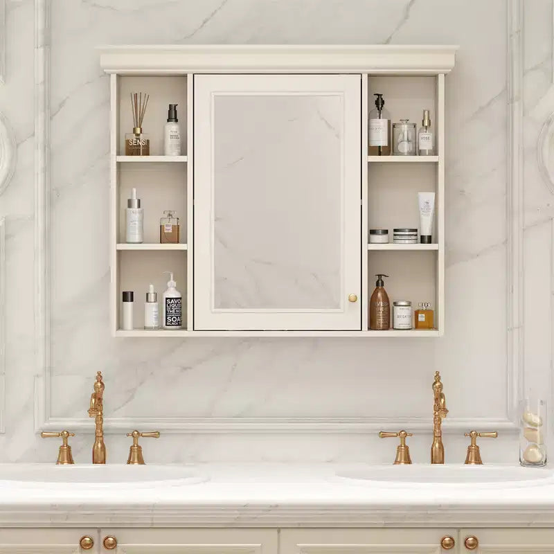 Meuble de salle de bain avec miroir, meuble de rangement mural moderne avec 6 étagères ouvertes, porte à fermeture douce, autonome