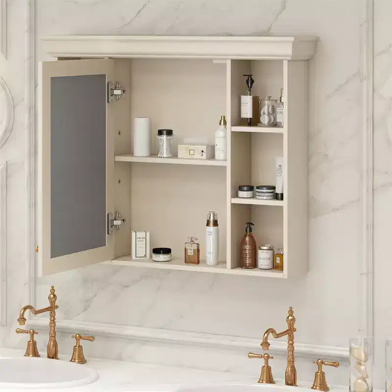 Meuble de salle de bain avec miroir, meuble de rangement mural moderne avec 6 étagères ouvertes, porte à fermeture douce, autonome