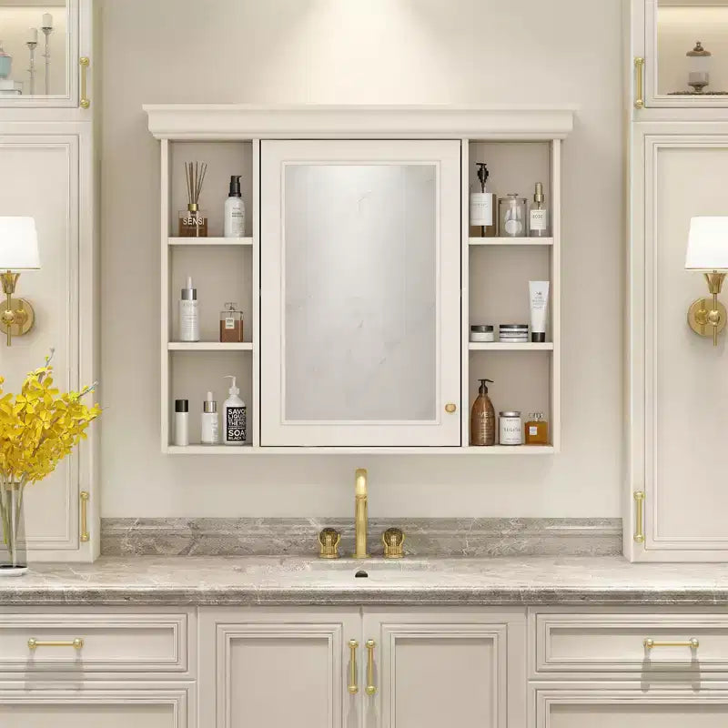 Meuble de salle de bain avec miroir, meuble de rangement mural moderne avec 6 étagères ouvertes, porte à fermeture douce, autonome