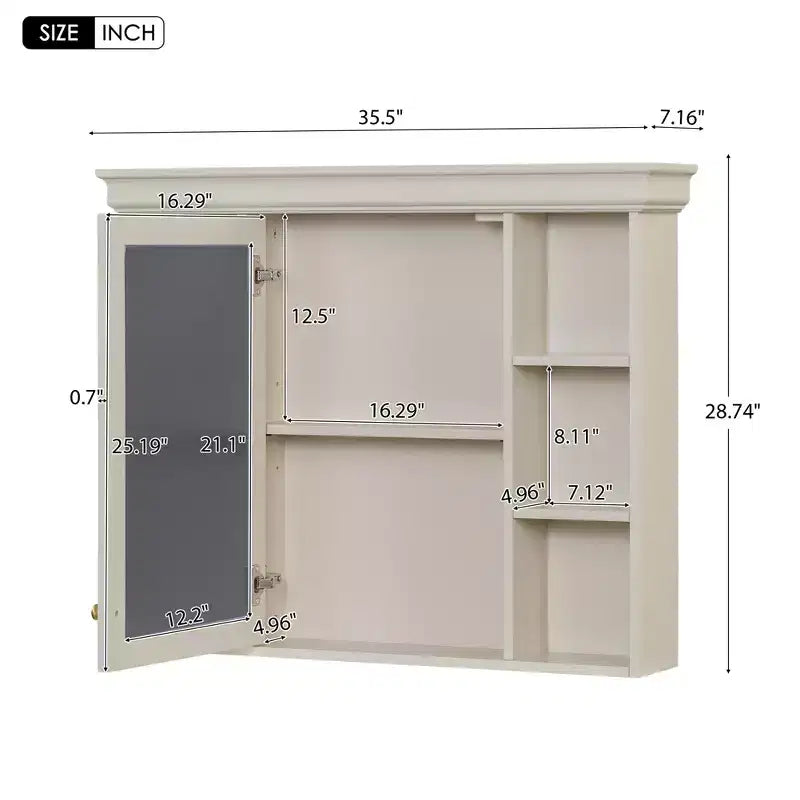 Meuble de salle de bain avec miroir, meuble de rangement mural moderne avec 6 étagères ouvertes, porte à fermeture douce, autonome