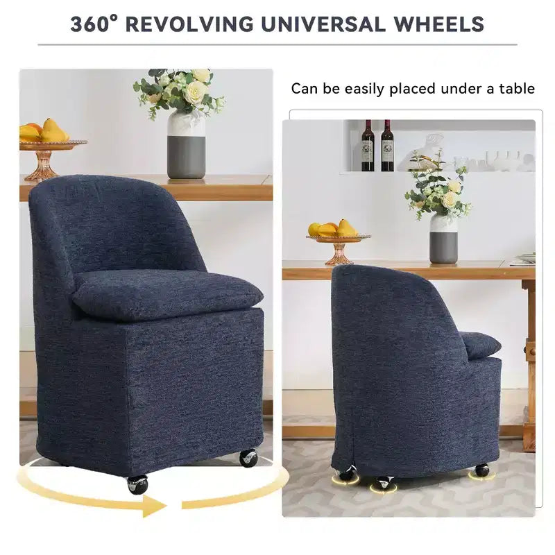 Chaises de salle à manger Chenille avec base pivotante et roulettes, lot de 2 chaises baquets roulantes à 360° avec dossier incurvé pour salle à manger, restaurant