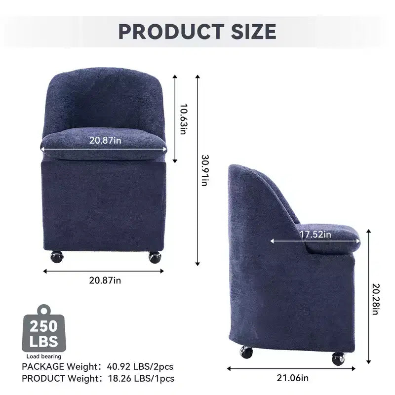 Chaises de salle à manger Chenille avec base pivotante et roulettes, lot de 2 chaises baquets roulantes à 360° avec dossier incurvé pour salle à manger, restaurant