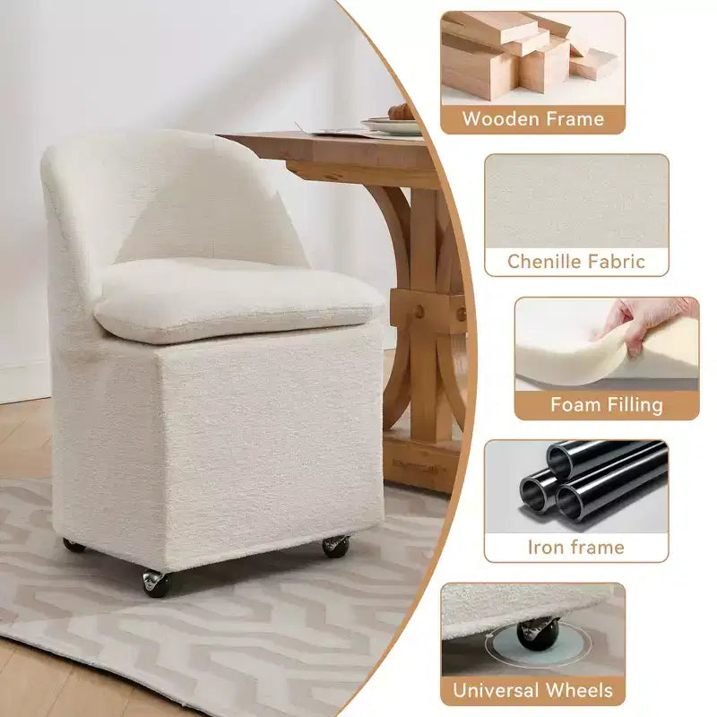 Chaises de salle à manger Chenille avec base pivotante et roulettes, lot de 2 chaises baquets roulantes à 360° avec dossier incurvé pour salle à manger, restaurant