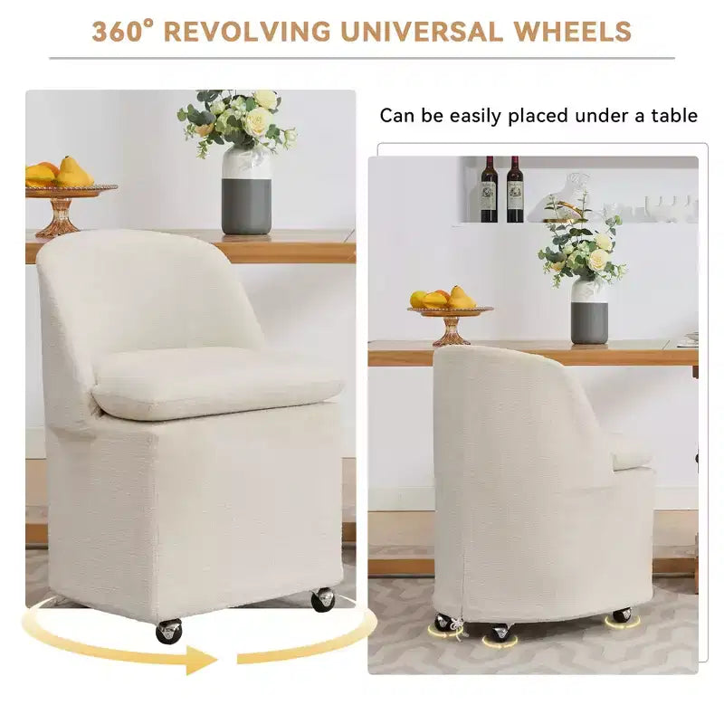 Chaises de salle à manger Chenille avec base pivotante et roulettes, lot de 2 chaises baquets roulantes à 360° avec dossier incurvé pour salle à manger, restaurant