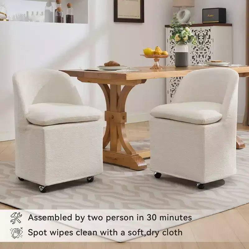 Chaises de salle à manger Chenille avec base pivotante et roulettes, lot de 2 chaises baquets roulantes à 360° avec dossier incurvé pour salle à manger, restaurant