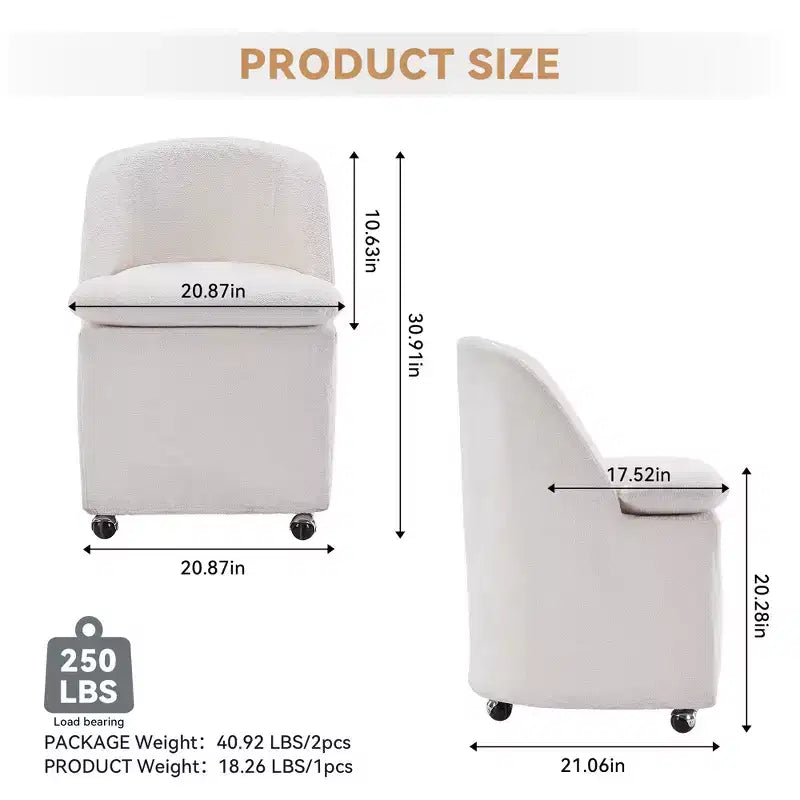 Chaises de salle à manger Chenille avec base pivotante et roulettes, lot de 2 chaises baquets roulantes à 360° avec dossier incurvé pour salle à manger, restaurant