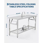 Table pliante en acier inoxydable robuste 48*24 pouces avec étagère inférieure | Station de travail commerciale/domestique pour la préparation des aliments et la restauration